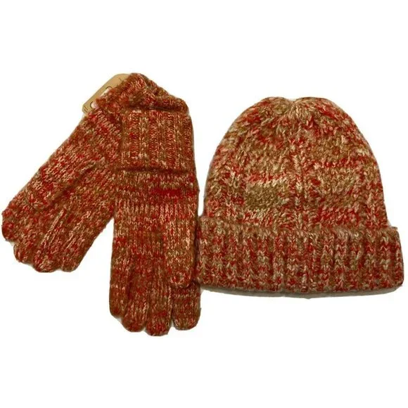 Frye & Co NWT Scarlet Space Dye Beanie & Matching Gloves w/Cuff Coral Tan Cream - Picture 6 of 12